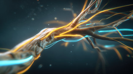 Explore a captivating abstract representation of neural pathways, showcasing vibrant energy flows in blue and orange against a dark background.の素材