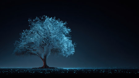 This stunning digital artwork features a tree design illuminated in blue neon lights, merging nature and technology, embodying growth and innovation.の素材