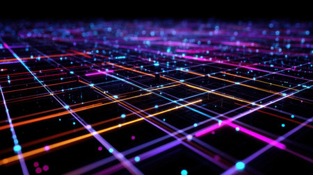 A captivating abstract background featuring vibrant neon colors and intricate light trails, creating a dynamic digital grid perfect for tech themes.の素材