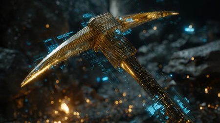 A stunning digital illustration of a golden pickaxe surrounded by glowing elements, representing concepts of mining, technology, and innovation in a visually striking dark environment.の素材