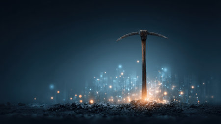 A captivating image showcasing a wooden pickaxe rising from dark ground, surrounded by sparkling lights, symbolizing innovation and hard work in a digital age.の素材