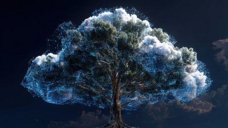 This stunning digital artwork features a tree adorned with clouds and network elements, set against a night sky, blending nature and technology.の素材