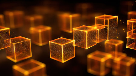 This abstract image features glowing cubes floating in a digital space, creating a modern atmosphere perfect for technology and innovation themes.の素材