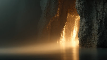 A captivating cave entrance illuminated by a warm glow, reflecting softly on tranquil waters amidst a misty atmosphere at dusk.の素材