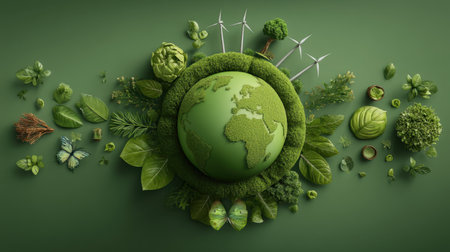 A vibrant composition featuring a green globe surrounded by fresh leaves and vegetables, along with wind turbines, symbolizing environmental sustainability and ecological awareness.の素材