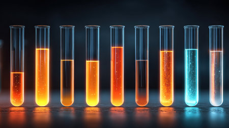 A striking image of test tubes filled with vibrant colored liquids in a laboratory setting highlights the essence of scientific exploration and experimentation.の素材
