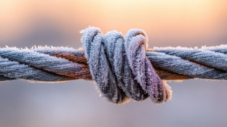 This captivating image features a frost-covered rope knot, highlighting intricate textures and icy details against a soft sunrise backdrop.の素材