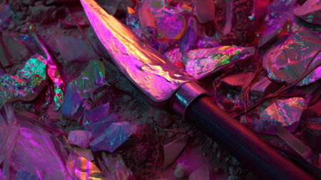 This artistic image features a vibrant knife set against a bed of gleaming crystals, adorned with colorful reflections and a textured background, creating a moody and engaging visual experience.の素材