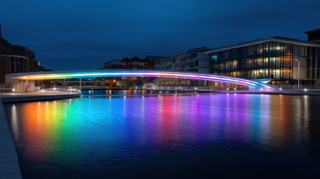 A mesmerizing view of a rainbow bridge illuminated at night, casting colorful reflections on tranquil water, framed by modern buildings.の素材