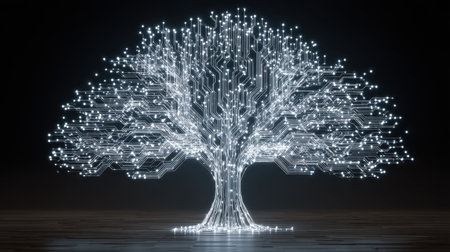 A striking visual of a tree crafted from intricate circuit patterns and glowing lights, symbolizing the fusion of technology and nature, ideal for digital art.の素材