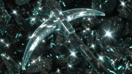 A stunning depiction of a glowing ice pickaxe beautifully contrasted against a dark background filled with sparkling crystals and light reflections, creating an enchanting atmosphere.の素材