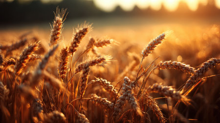 A serene landscape of golden wheat swaying gently in the breeze during sunset, illuminated by warm sunlight, perfect for agricultural themes.の素材