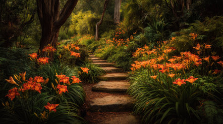 A beautiful stone pathway meanders through a lush garden alive with vibrant orange flowers. Sunlight filters through greenery to create a tranquil scene.の素材
