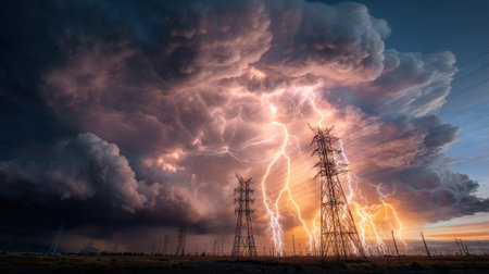 A breathtaking scene depicts a dramatic thunderstorm with lightning illuminating power lines against a dark, tumultuous sky at dusk.の素材
