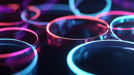 A captivating arrangement of colorful glowing bands creates an enchanting abstract pattern against a dark backdrop, showcasing artistic innovation.の素材