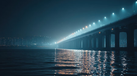 A captivating night scene featuring a bridge softly illuminated by blue lights, casting mesmerizing reflections on calm water surfaces in a tranquil urban setting.の素材