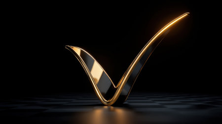 This elegant golden check mark symbolizes success and approval, set against a dark background. The sleek design offers a modern and stylish look, perfect for professional and creative applications.の素材