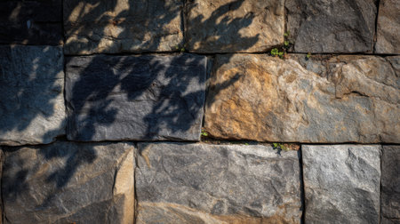 A captivating image of a textured stone wall showcasing shadows and hints of greenery, brought to life under bright natural sunlight for an urban aesthetic.の素材