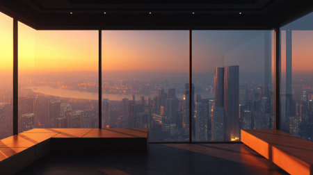 A stunning sunset view from a modern high-rise living space, showcasing a vibrant cityscape with a river and skyscrapers. Perfect for urban exploration themes.の素材