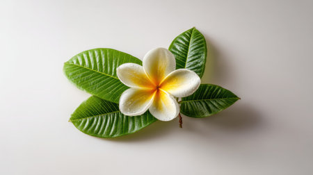 This stunning image features a delicate plumeria flower resting on lush green leaves. The soft background enhances the natural beauty, perfect for wellness themes.の素材
