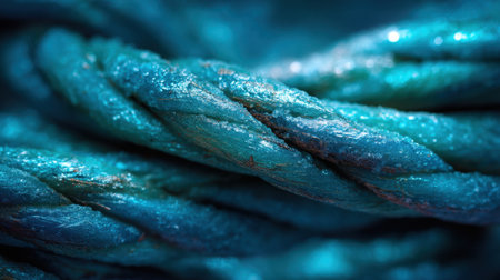 This captivating close-up image showcases a twisted blue rope, highlighting its shiny texture and intricate details, perfect for marine or nautical themes.の素材