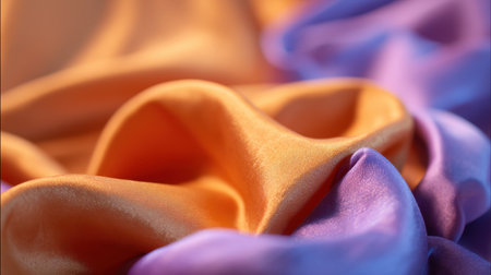 This image features vibrant silks in shades of orange and purple, beautifully draped and softly lit. Perfect for designs needing elegance and luxury.の素材