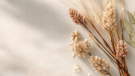 A serene arrangement featuring assorted dried flowers and grasses against a gentle beige background, perfect for enhancing any interior space.の素材