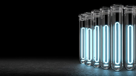 A series of glowing test tubes stands prominently against a dark background, showcasing innovative laboratory tools. The neon light effects illuminate the glass, enhancing the scientific atmosphere, ideal for themes in research, education, or laboratory settings.の素材