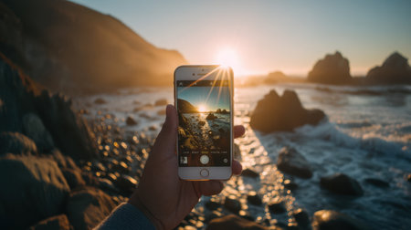A smartphone captures a breathtaking sunset over the ocean, highlighting waves and rocky formations along a tranquil beach, perfect for travel enthusiasts.の素材