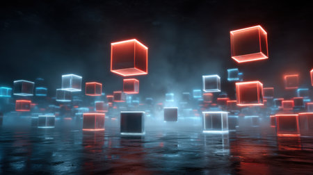 This image showcases a mesmerizing arrangement of floating neon cubes in a dark setting, enhanced by mist and reflections. The vibrant colors create a futuristic and abstract atmosphere, ideal for various creative projects.の素材