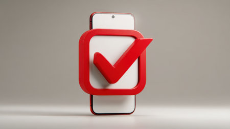 This image showcases a modern smartphone displaying a prominent red check mark, symbolizing approval and confirmation in a clean design.の素材