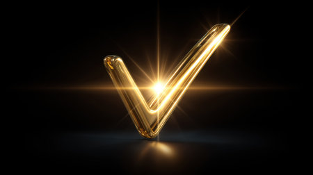 A gleaming golden checkmark symbolizing success and approval, set against a dark backdrop. Perfect for conveying positivity and achievement in various designs.の素材