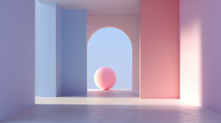This tranquil image showcases a minimalist interior featuring a soft color palette with a geometric sphere, creating a serene atmosphere.の素材