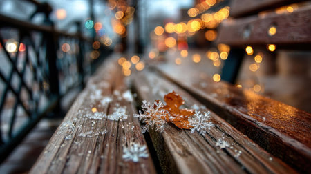 A beautiful image showcasing autumn leaves resting on a wet wooden bench, adorned with delicate snowflakes and enchanting bokeh lights, creating a cozy winter ambiance.の素材