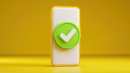 This image features a smartphone adorned with a vibrant green check mark symbol against a bright yellow backdrop, symbolizing confirmation and positivity.の素材