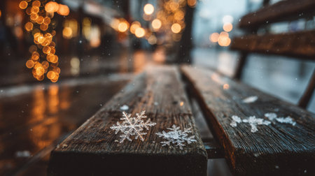 A tranquil scene captures snowflakes delicately resting on a wooden bench, surrounded by soft, glowing lights in an urban winter atmosphere.の素材