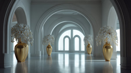 Captivating interior showcasing gold vases filled with white flowers, creating a serene atmosphere in an elegantly designed hall.の素材