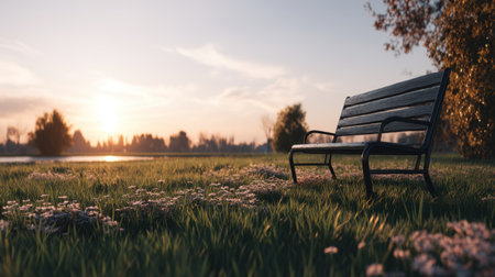 A tranquil park scene featuring a solitary bench surrounded by vibrant flowers, with a breathtaking sunset reflecting on the peaceful water in the background.の素材