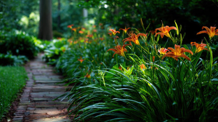 A tranquil garden pathway showcased with vibrant orange flowers and lush greenery, illuminated by soft natural light, creating a peaceful atmosphere.の素材