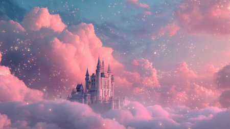 A breathtaking scene capturing an enchanting castle above soft pink clouds, illuminated by a serene blue sky and sparkling stars at sunset.の素材