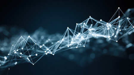 This image presents an abstract visualization of digital connections with glowing nodes and interconnected lines, symbolizing technology and data.の素材