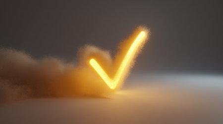 A vibrant glowing check mark symbol rises from a swirling cloud of golden particles, creating a visually captivating abstract scene.の素材