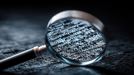 A close-up image of a magnifying glass revealing intricate text against a dark background, capturing the essence of investigation and detailed analysis.の素材