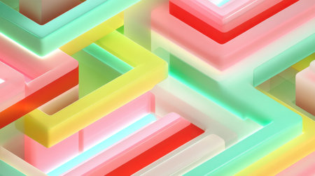 A visually striking abstract composition of colorful geometric shapes with neon hues, creating a vibrant background for creative design.の素材