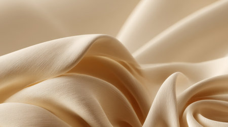 A close-up view of elegant cream satin fabric draped in soft waves, showcasing the smooth texture and delicate sheen, perfect for design and textile projects.の素材
