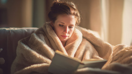 A serene indoor scene featuring a cozy woman wrapped in a soft blanket, deeply engaged in reading a book, surrounded by warm natural light.の素材
