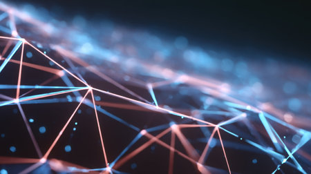This stunning visual features a detailed abstract representation of a digital network, illuminated by blue and red lines against a dark backdrop, symbolizing data flow and connection.の素材