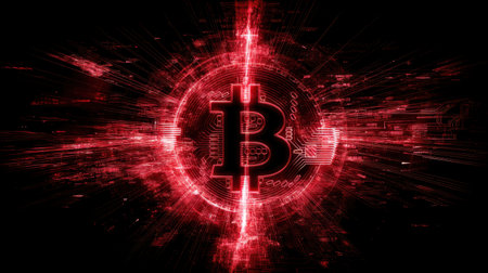 A dynamic digital representation of a Bitcoin symbol set against a striking red background, featuring vibrant light trails and abstract tech motifs, symbolizing innovation and the evolving world of cryptocurrency.の素材
