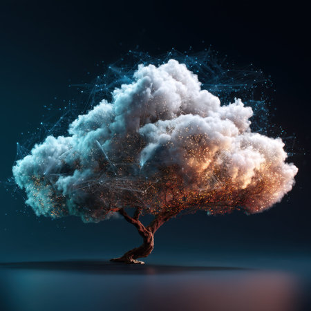 An imaginative fusion of a tree and cloud, representing the harmony between nature and technology through glowing elements in a vibrant artwork.の素材