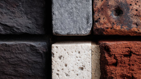 This image showcases a close-up view of an arrangement of various stone blocks in different colors and textures, ideal for design inspiration.の素材